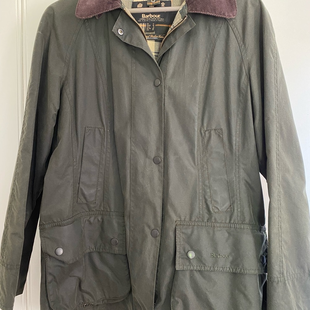 Barbour Classic Olive Beadnell Waxed Cotton Jacket. UK Size 12, US Size 8.